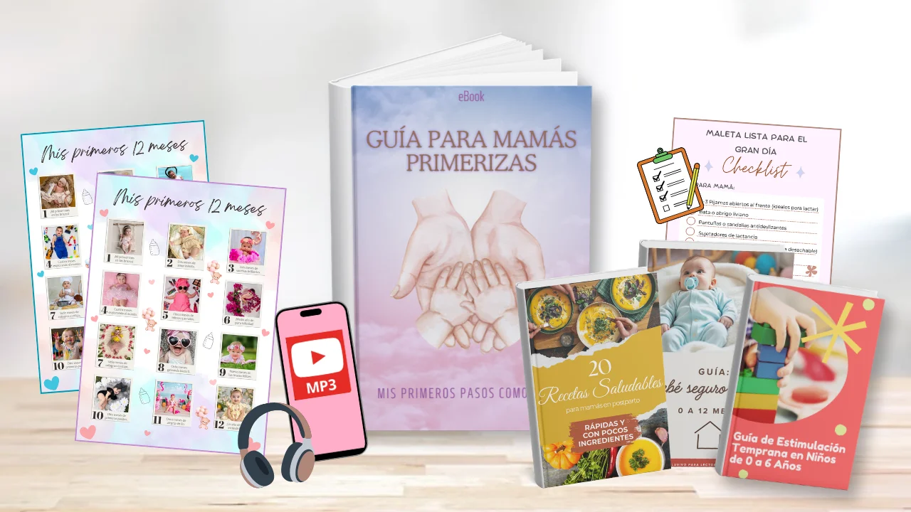 Bundle completo: la Guía para Mamás Primerizas junto a los 6 regalos incluidos
