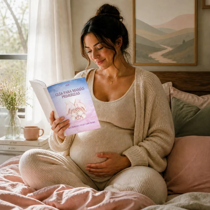 Mamá embarazada leyendo la Guía para Mamás Primerizas con calma en su habitación